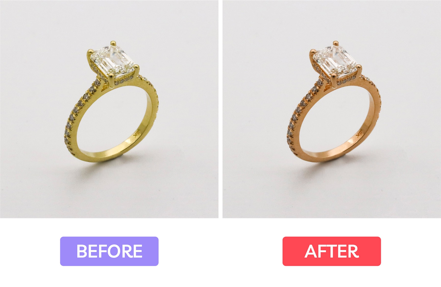 Before and after of ring color change from yellow gold to rose gold using hue adjustment