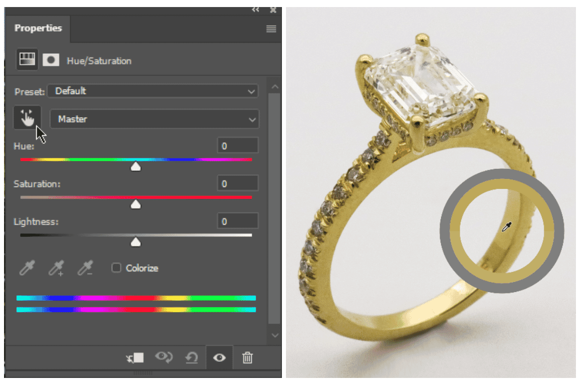 Photoshop hue and saturation panel with yellow tones selected for adjusting color on a gold ring
