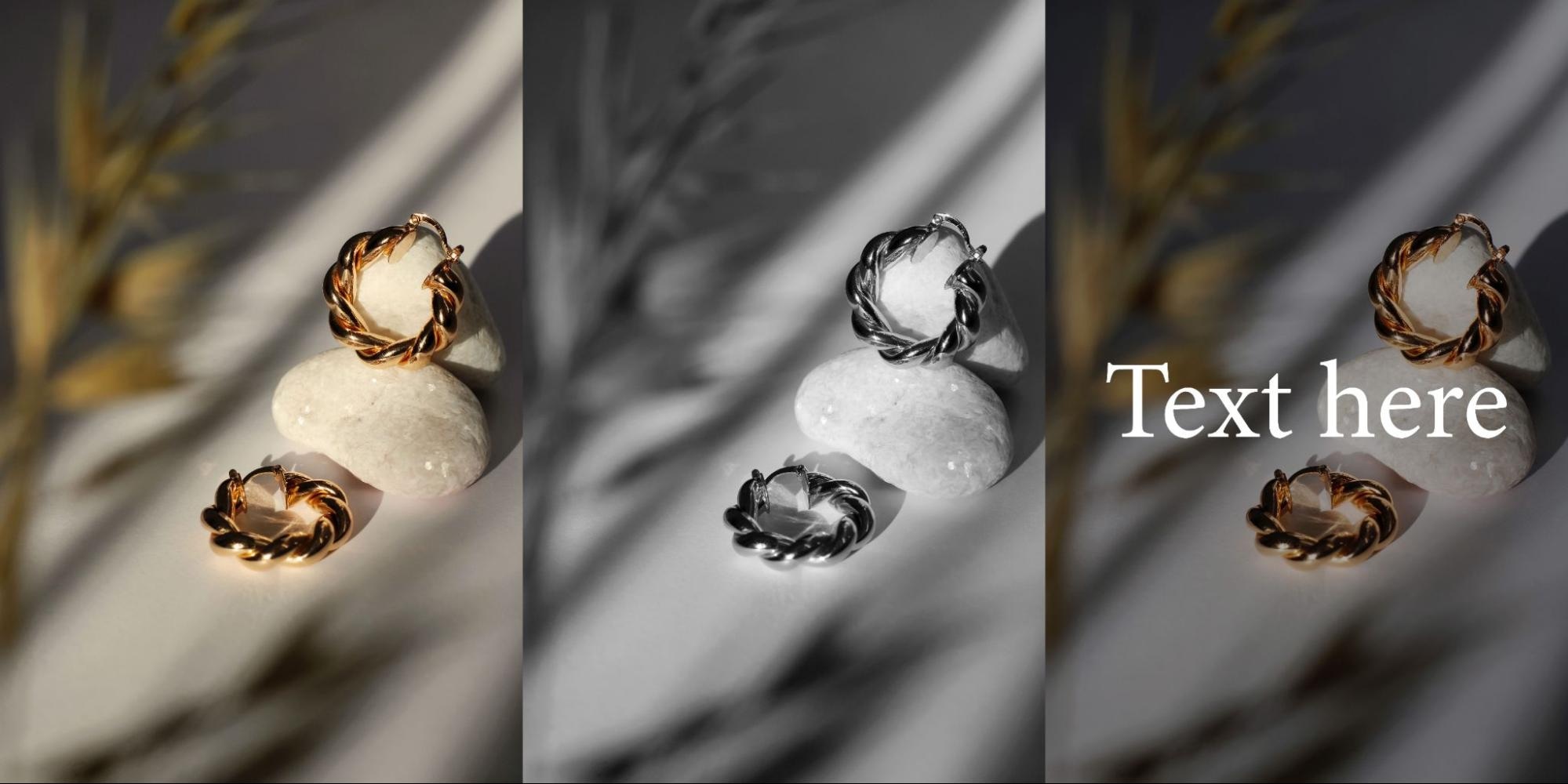 Jewelry hoop earrings displayed with various filters for social media, including color, black-and-white, and text overlay