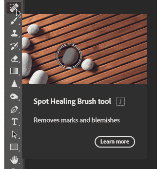 Spot Healing Brush tool in Photoshop interface used to remove marks and blemishes