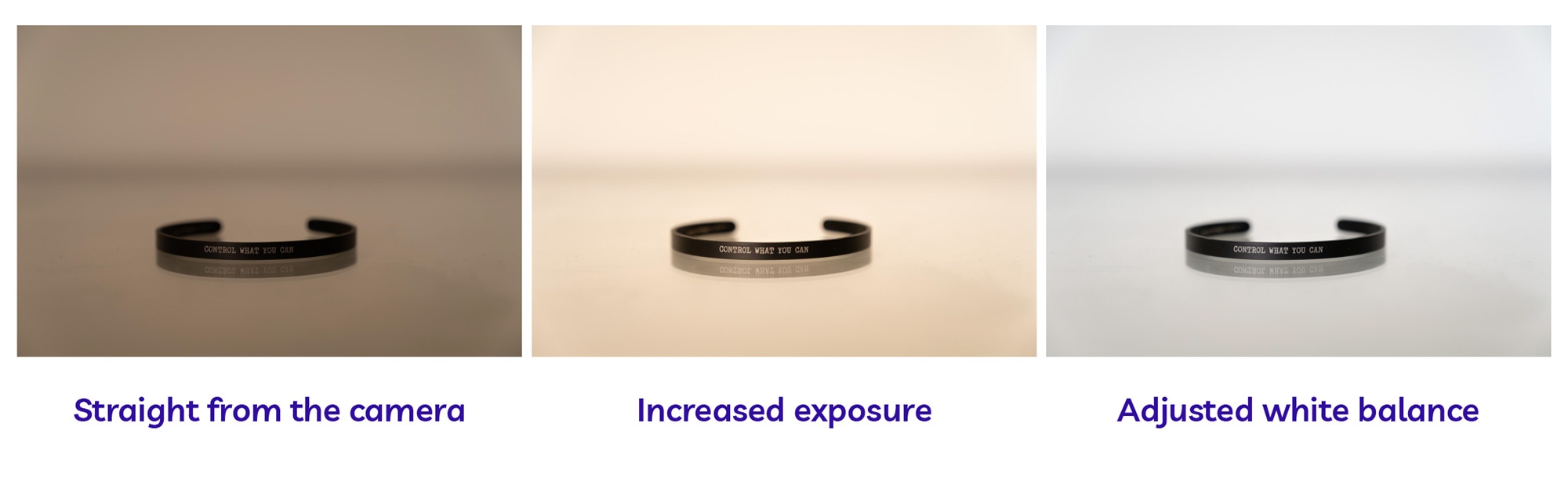 Side-by-side comparison of unedited image, increased exposure, and white balance adjustment in Lightroom