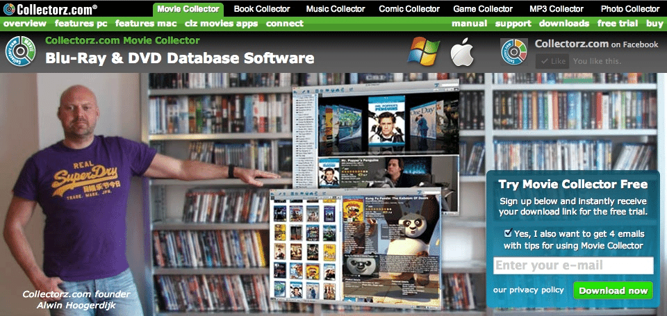 CollectorZ homepage with founder Alwin Hoogerdijk showcasing Blu-Ray & DVD database software.