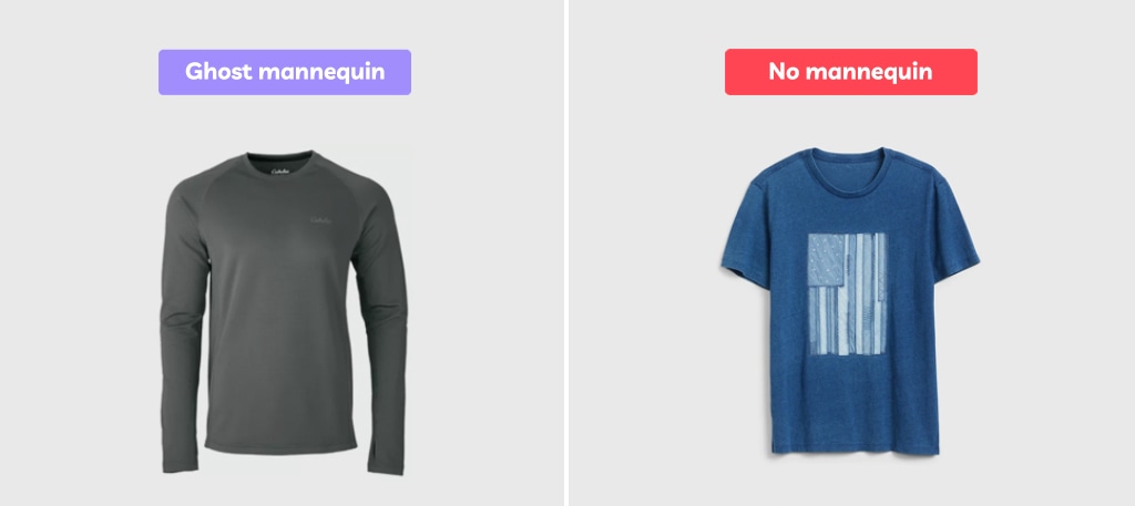 Comparison of ghost mannequin and no mannequin displays for a gray shirt and a blue T-shirt