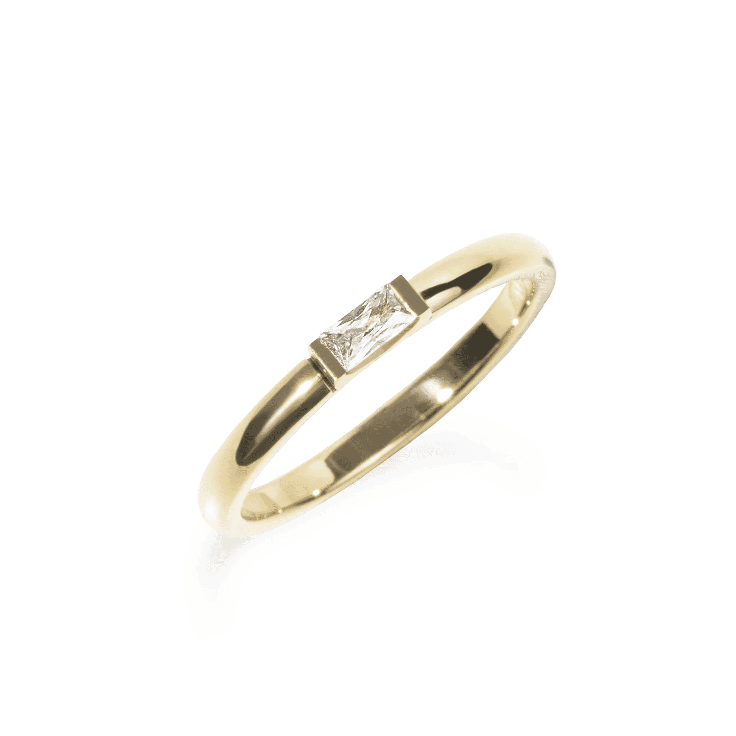 Minimalist gold ring with a single princess-cut diamond on a plain band