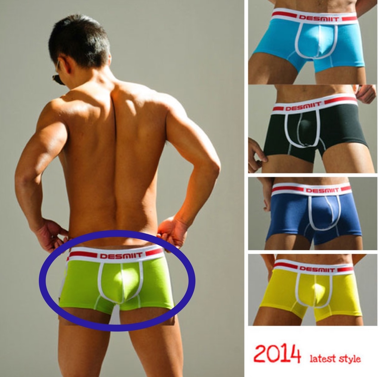 Back view of man in green Desmiit boxer briefs with additional color options displayed