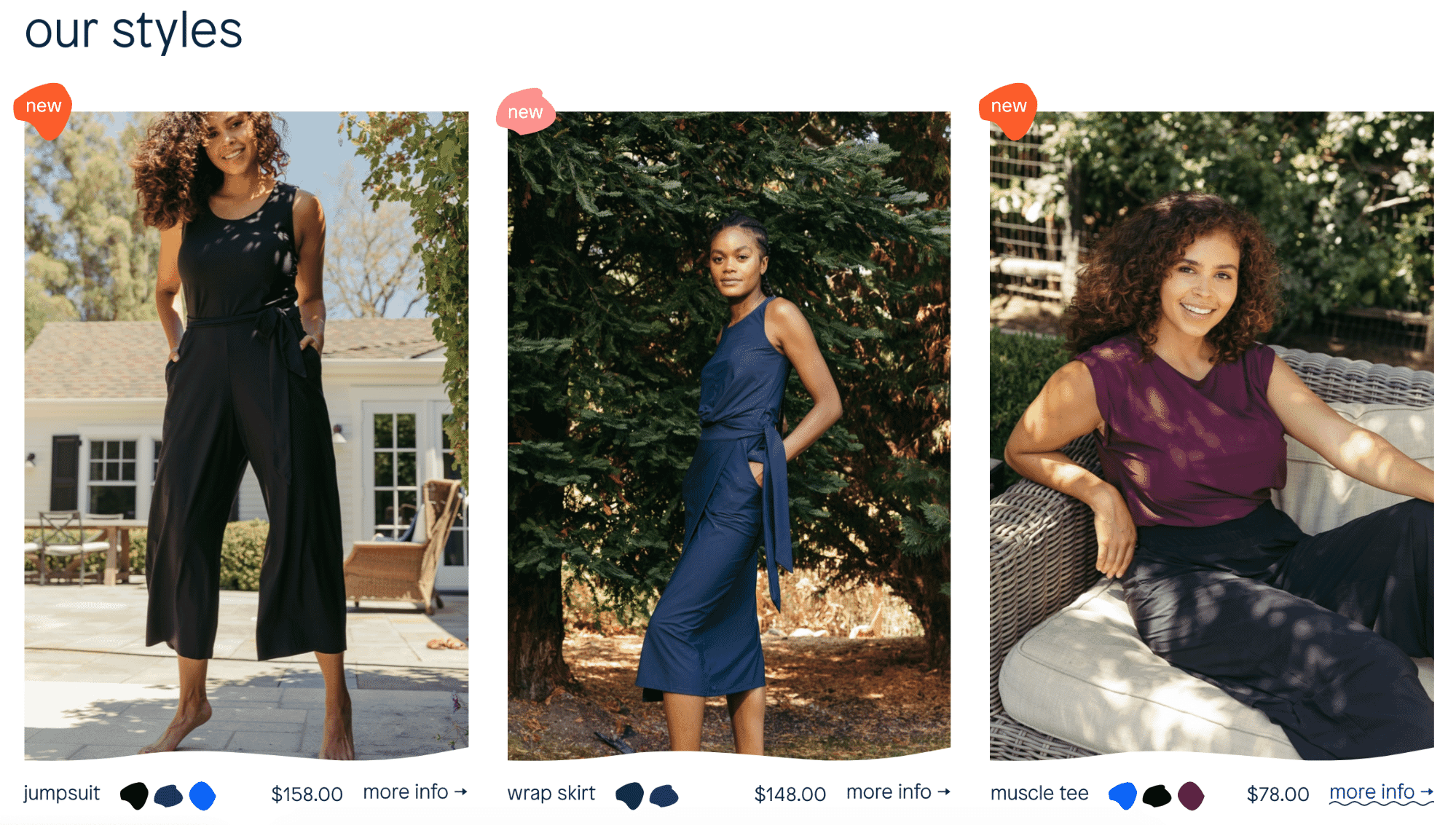 Three women showcasing new styles: black jumpsuit, navy wrap skirt, and purple muscle tee outdoors