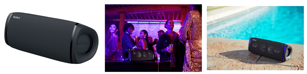 Sony portable speaker displayed in three scenes: solo, at a party, and poolside outdoors.