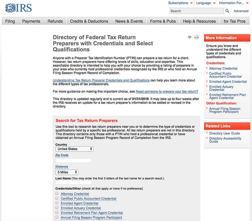 IRS directory page for finding federal tax return preparers with professional credentials and qualifications.