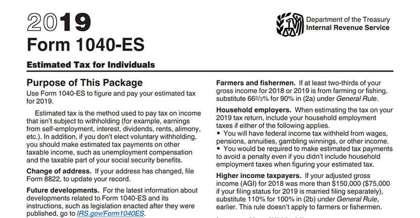 IRS Form 1040-ES page for estimated tax payments, with guidance for individuals, household employers, and higher income taxpayers.