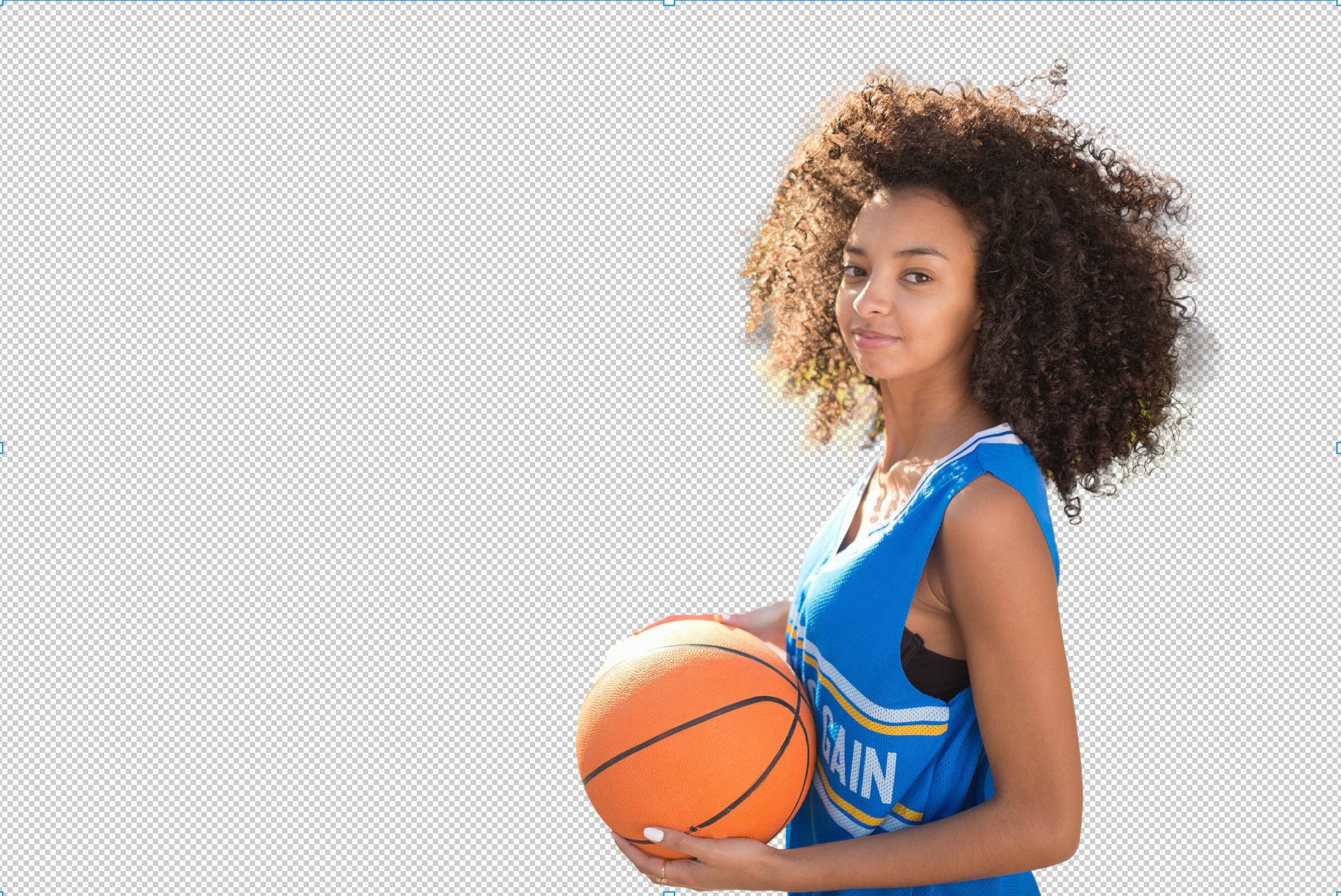 Young female basketball player isolated on a transparent background after precise clipping path and background removal.
