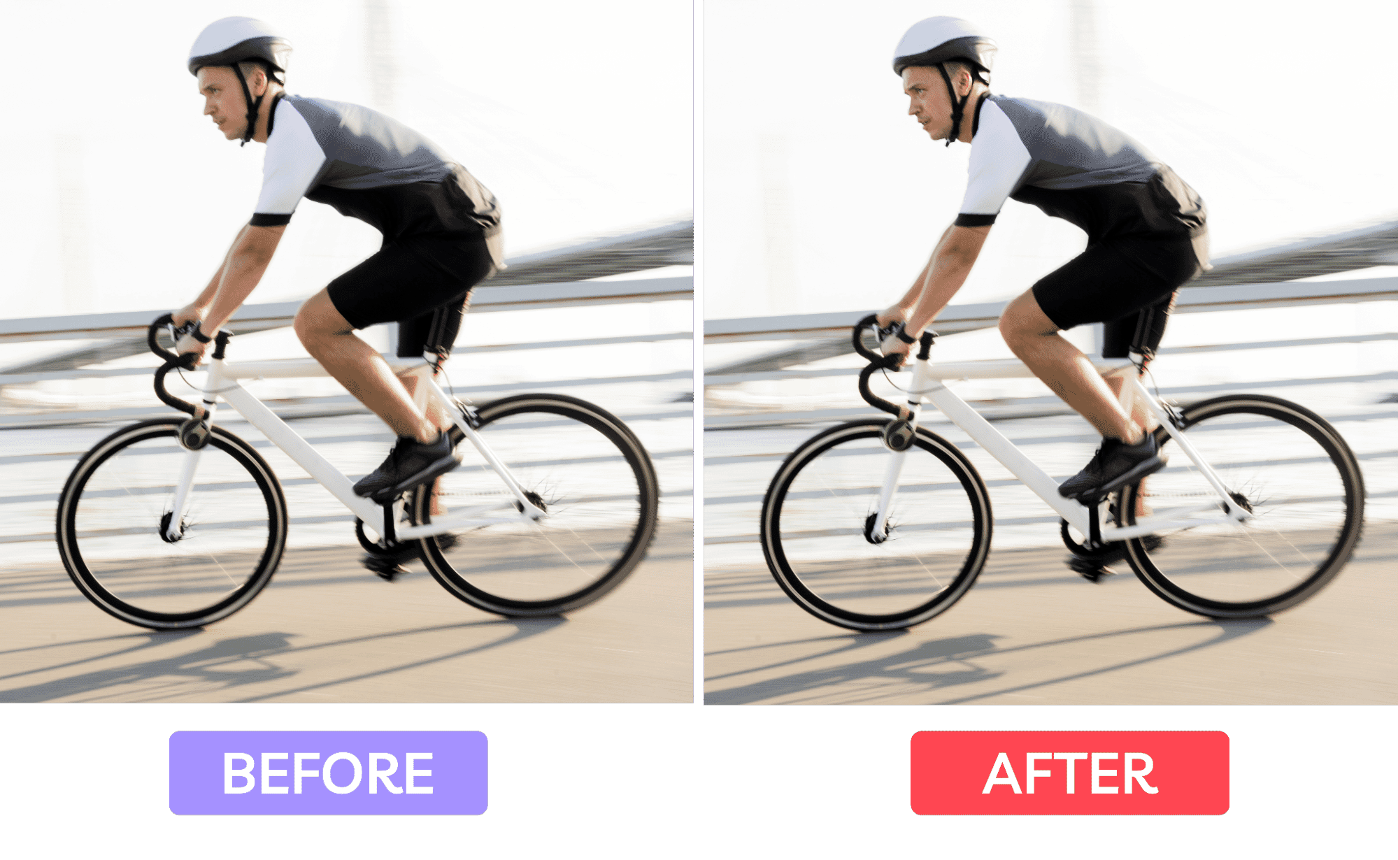 Side-by-side comparison of a cyclist image before and after photo retouching, showing improved sharpness and contrast after editing.