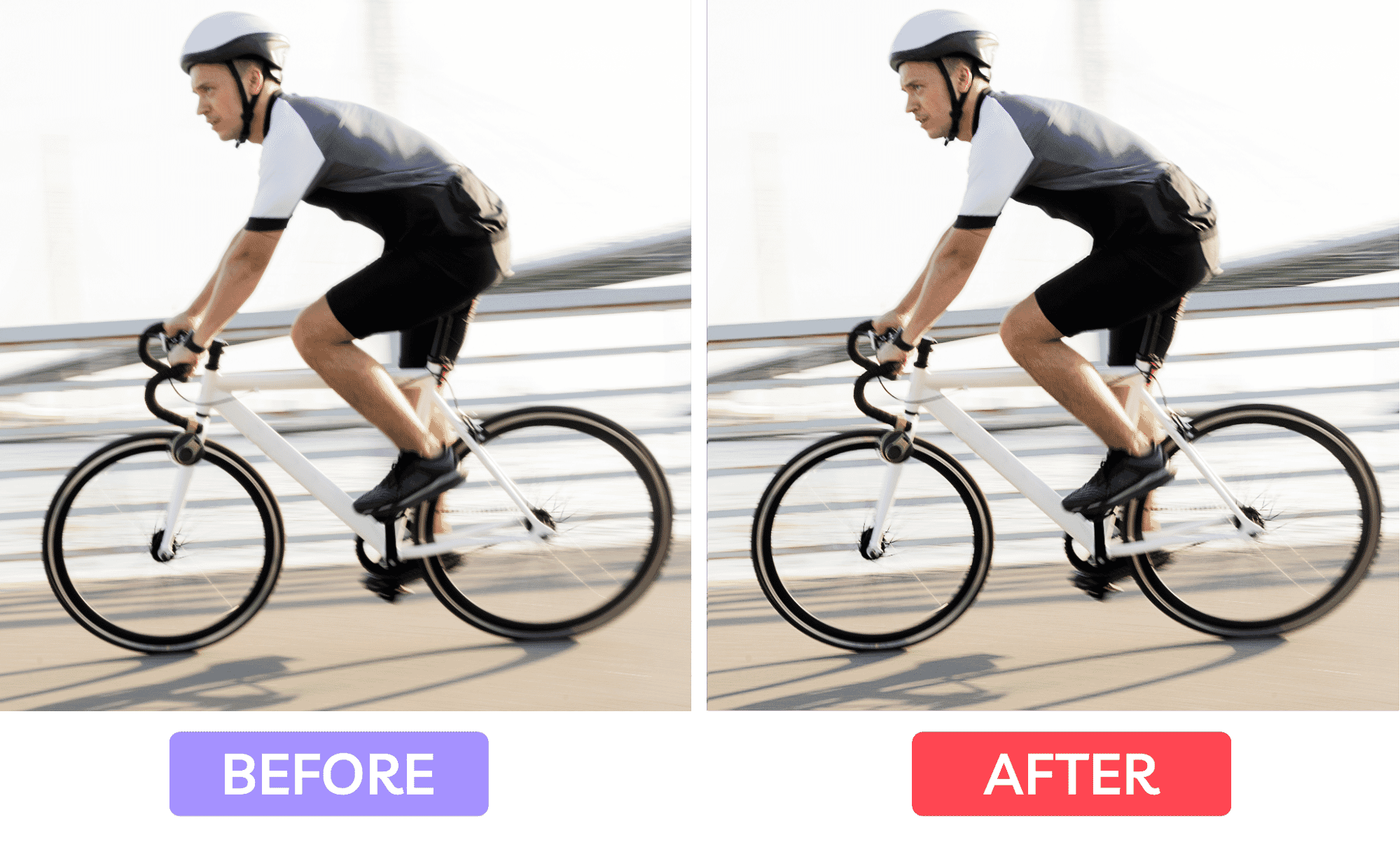 Side-by-side comparison of a motion-blurred cyclist image before and after Photoshop sharpening, highlighting improved focus and clarity.