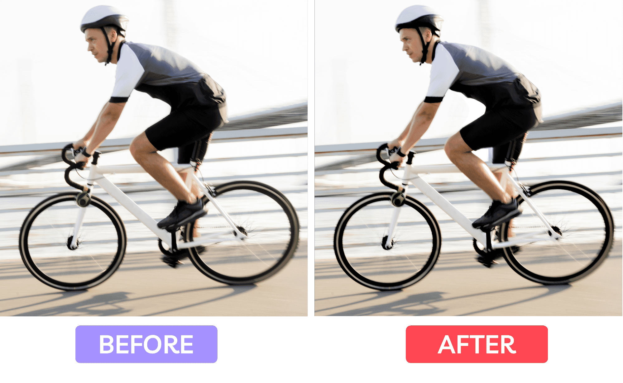 Before and after comparison of cyclist photo sharpening, demonstrating enhanced image clarity and edge definition using Photoshop tools.