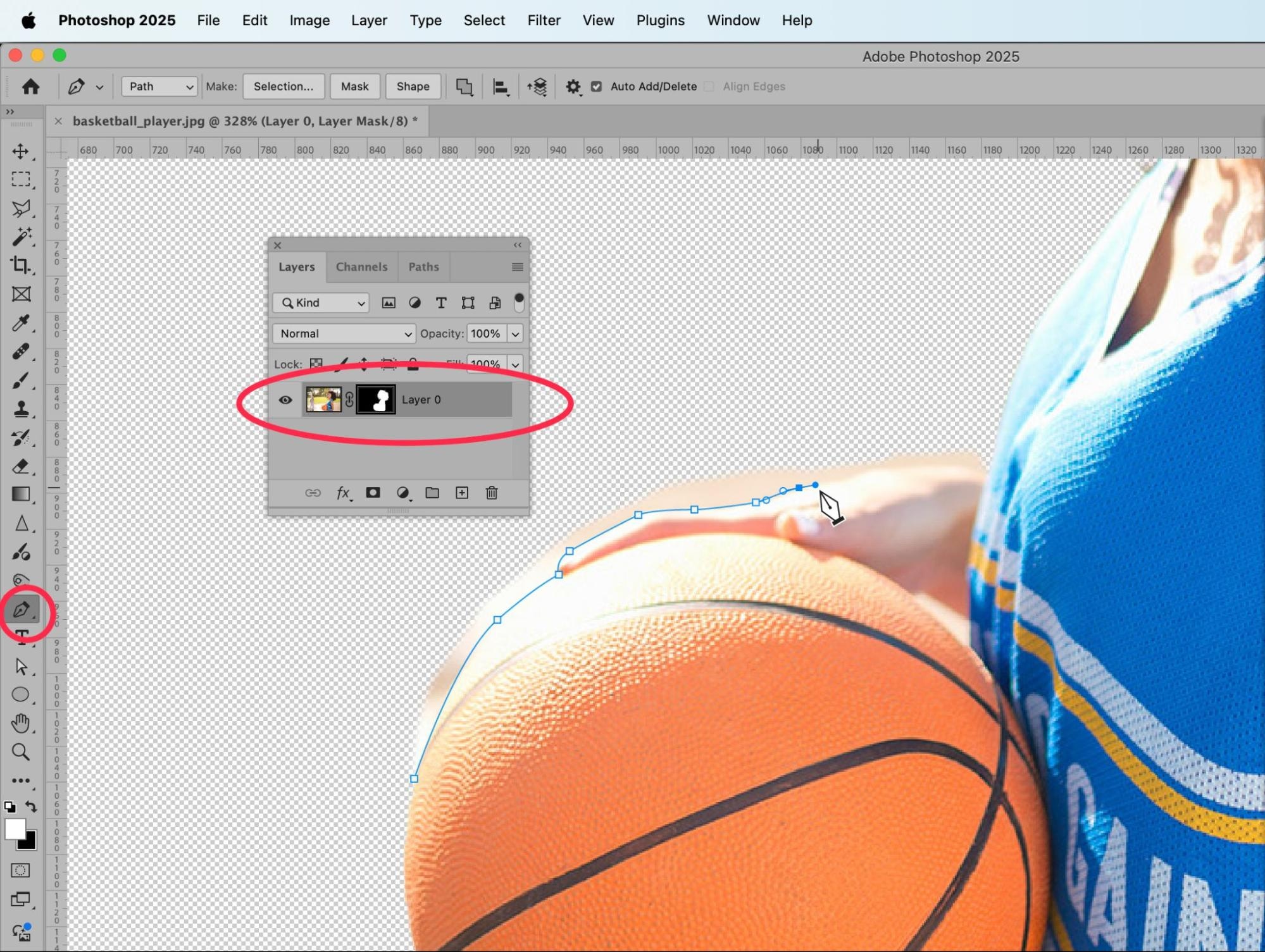 Photoshop 2025 interface showing the Pen Tool and active layer mask while creating a clipping path around a basketball in a background removal workflow.