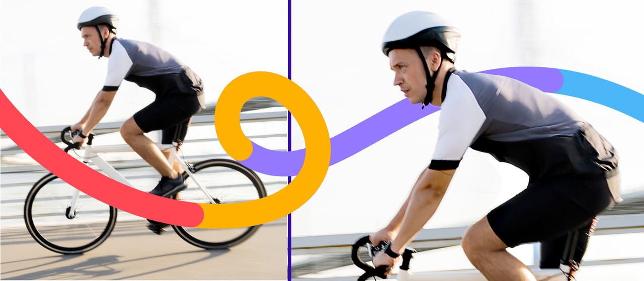 Cyclist on a road bike enhanced with PathEdits branding elements, including colorful digital swirl lines for a creative photo composition.