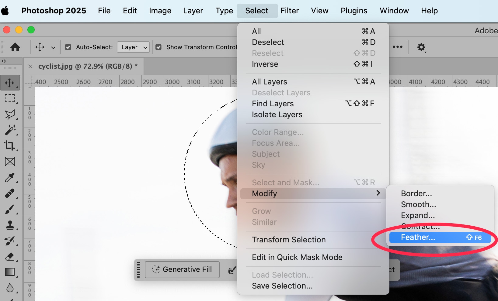 Photoshop 2025 Select menu showing the path to the Feather option under Modify, used for softening selection edges during image editing.