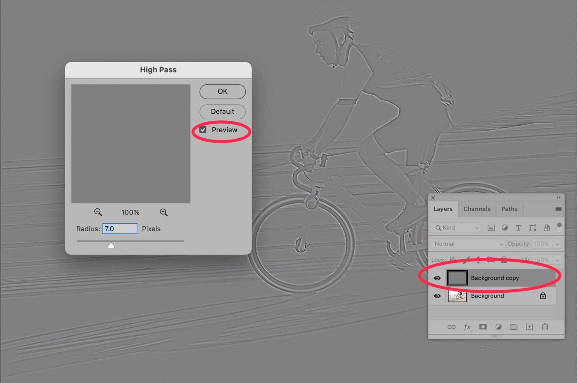 Photoshop High Pass filter preview with layer mask applied to cyclist photo, used for edge sharpening in a non-destructive workflow.