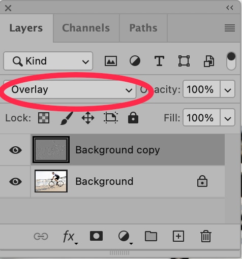 Photoshop Layers panel displaying the Overlay blending mode applied to a duplicated background layer for contrast enhancement.