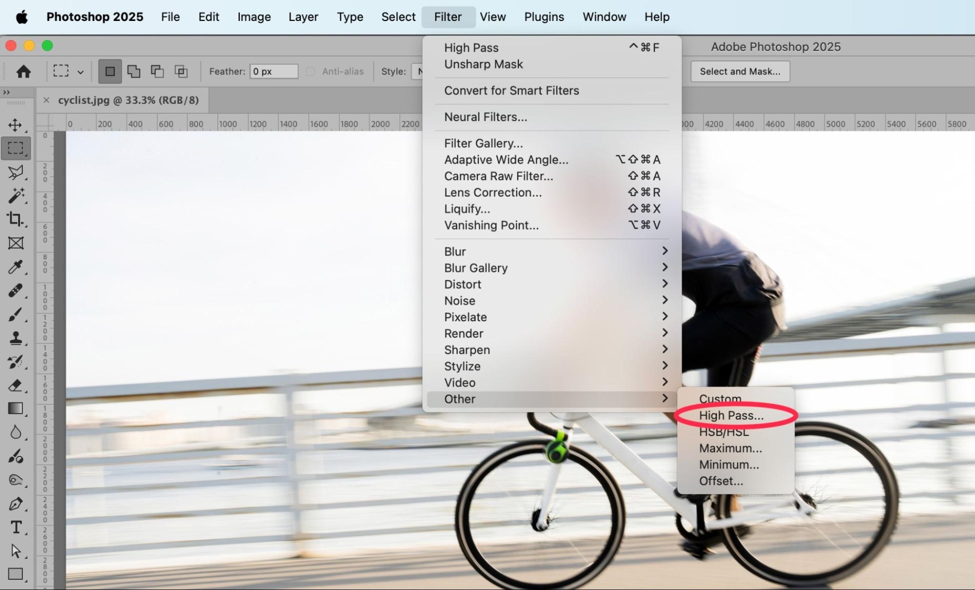 Photoshop 2025 interface with the Filter menu open, highlighting the High Pass filter option used for edge sharpening and image enhancement.