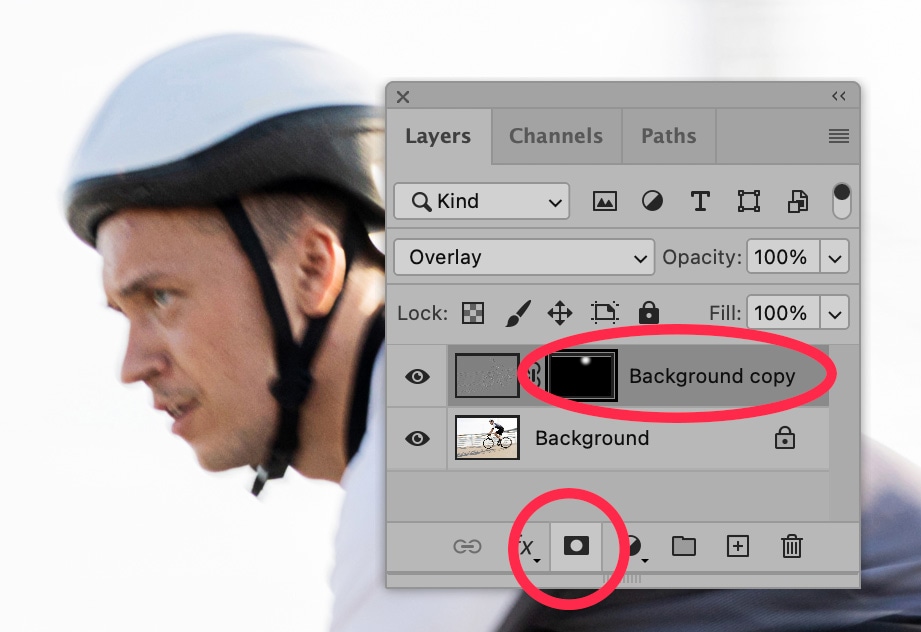 Photoshop 2025 Layers panel showing a duplicated background layer with a layer mask applied and set to Overlay blend mode for localized adjustments.