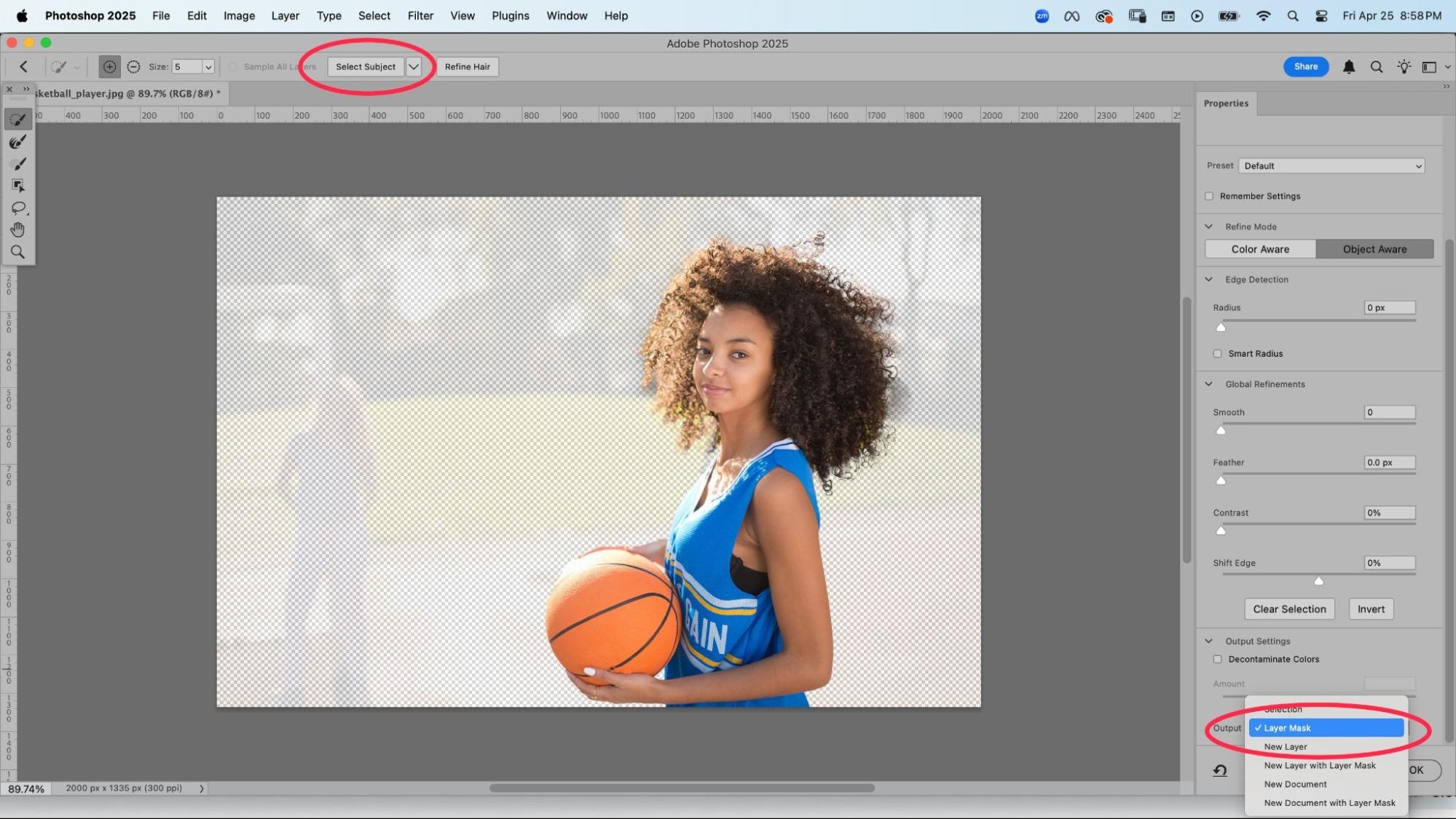 Photoshop interface showing 'Select Subject' and 'Layer Mask' options in use for isolating and masking a basketball player on a transparent background.