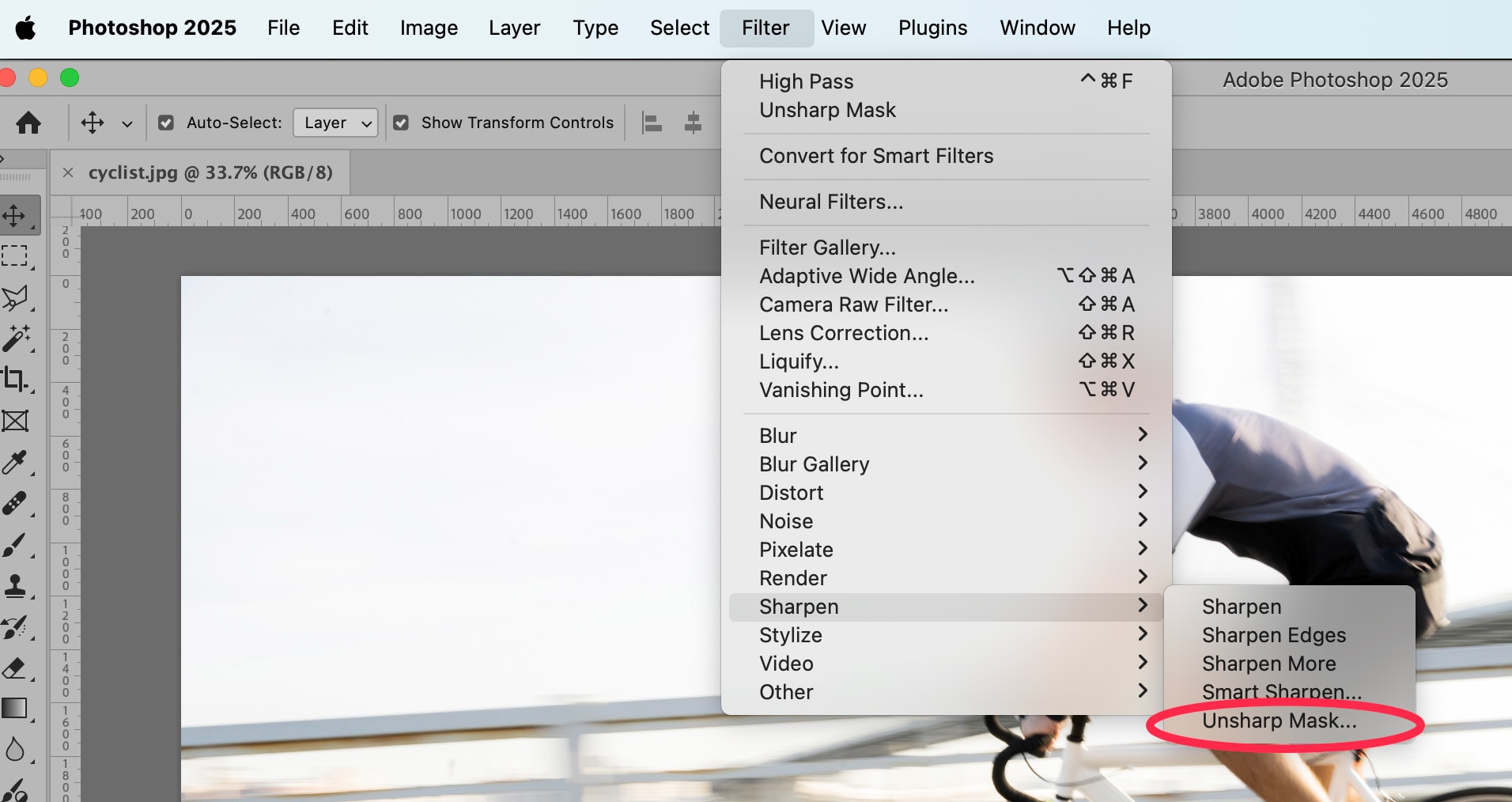 Photoshop 2025 Filter menu with the Unsharp Mask option highlighted, used for image sharpening and edge refinement.