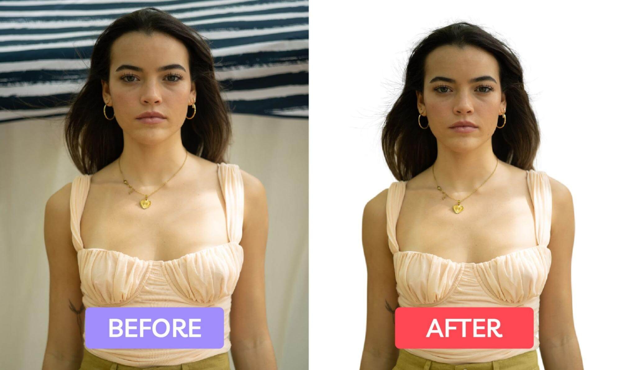 Before and after comparison showing background removal for portrait of woman