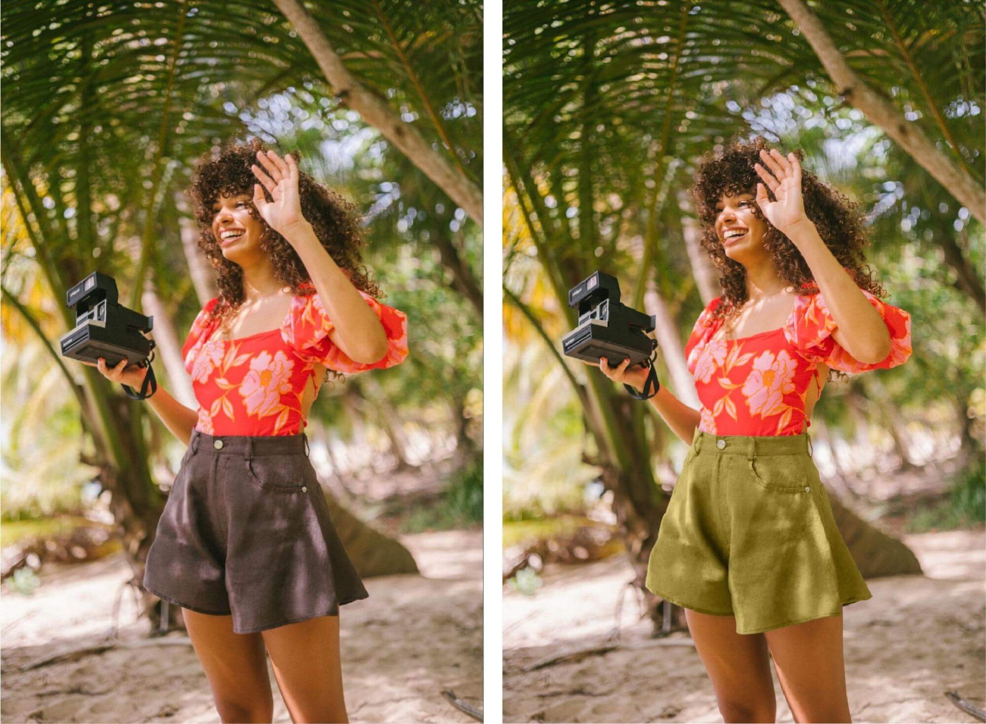 Before and after comparison showing color change editing on woman's shorts in outdoor fashion photo