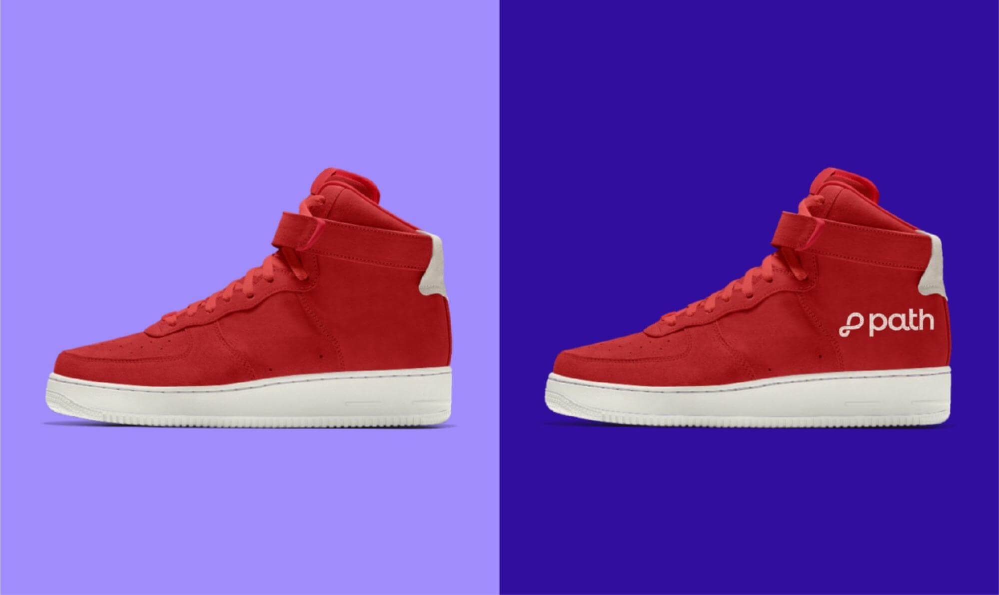 Side-by-side comparison showing logo addition on red sneaker for branding purposes
