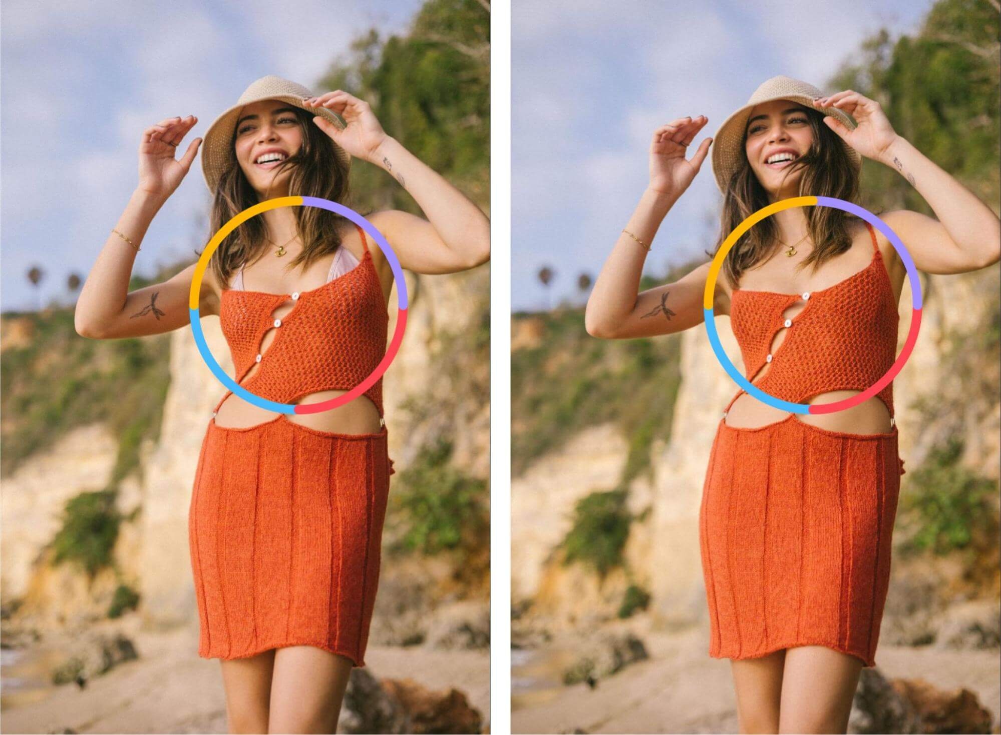 Before and after showing object removal in apparel photo of woman in orange outfit