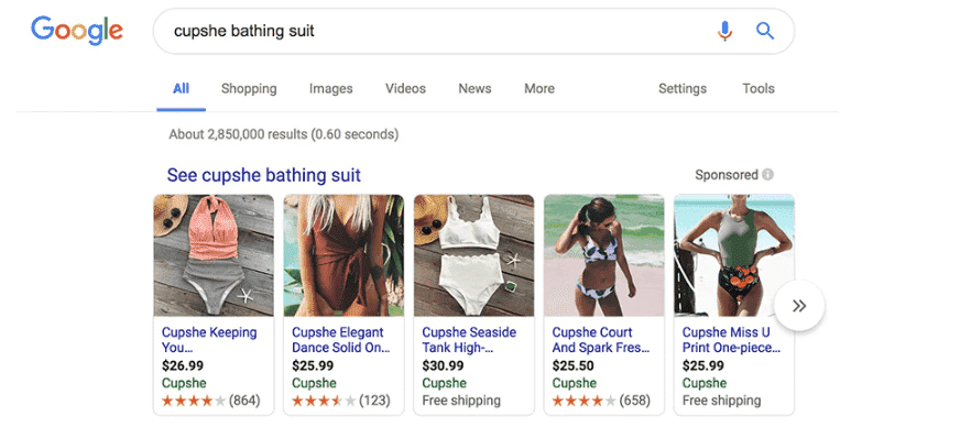 Google search results showing Cupshe bathing suit listings with prices and ratings