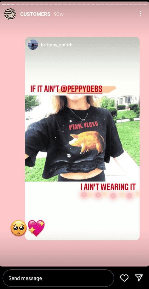 Customer wearing a Pink Floyd cropped shirt tagged as Peppy Debs UGC on Instagram