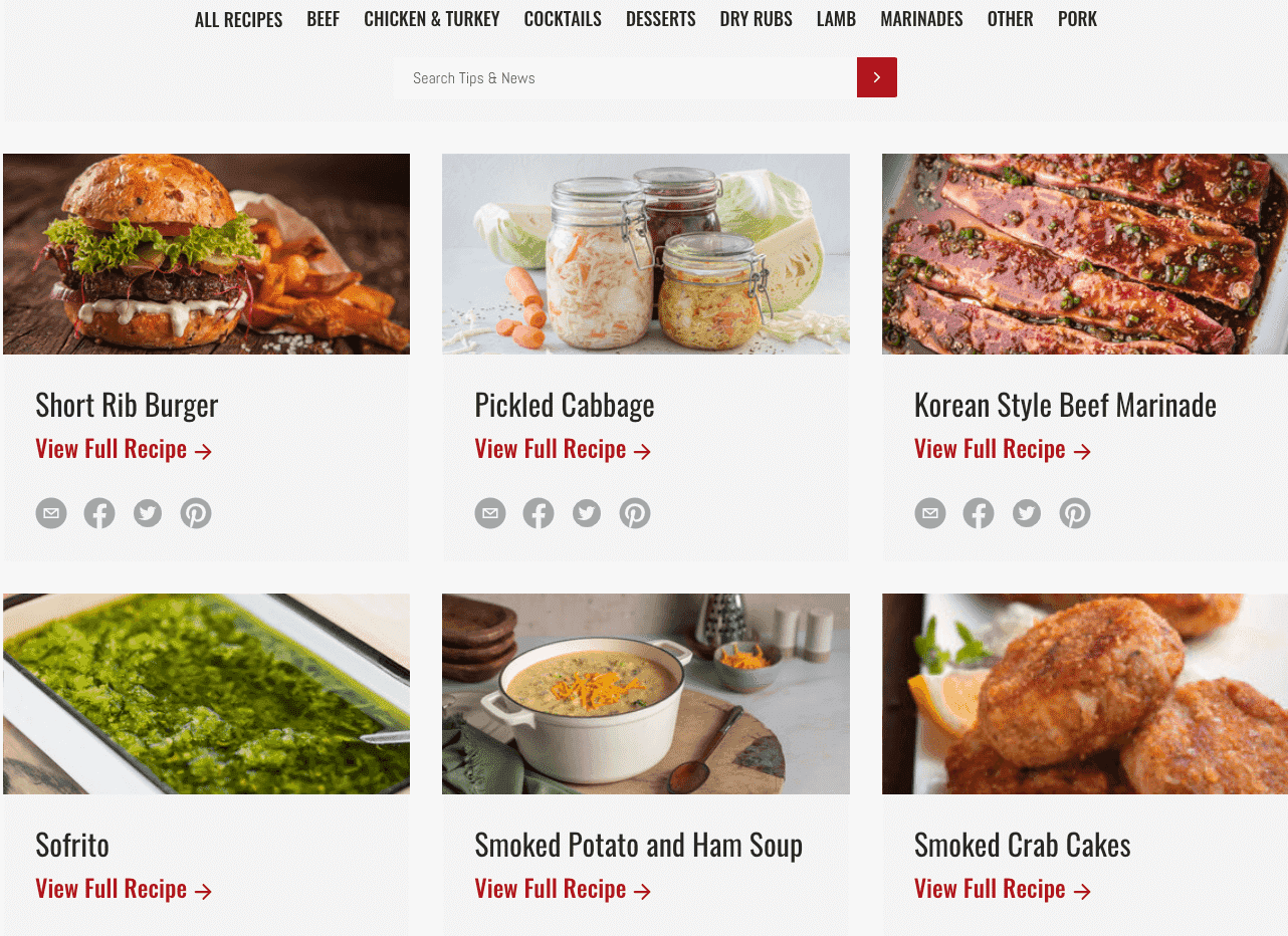Recipe selection including short rib burger, pickled cabbage, Korean beef marinade, sofrito, smoked potato soup, and crab cakes