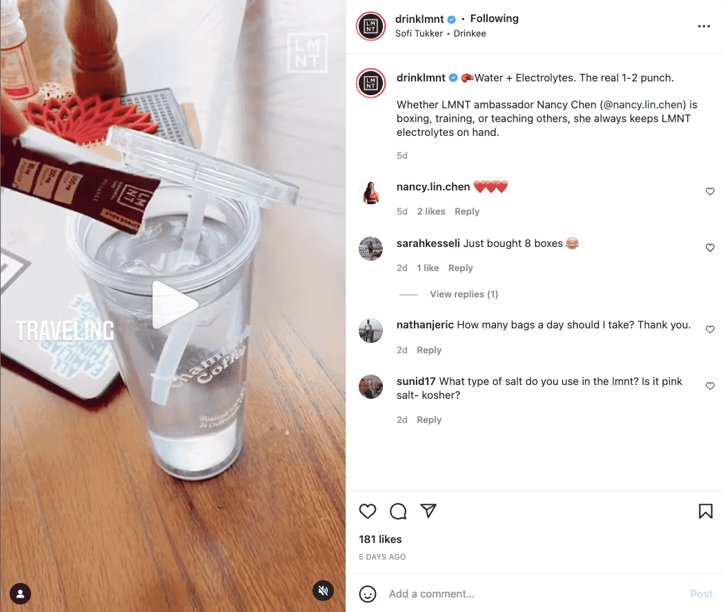 LMNT ambassador adding electrolyte powder to water in branded cup in Instagram post