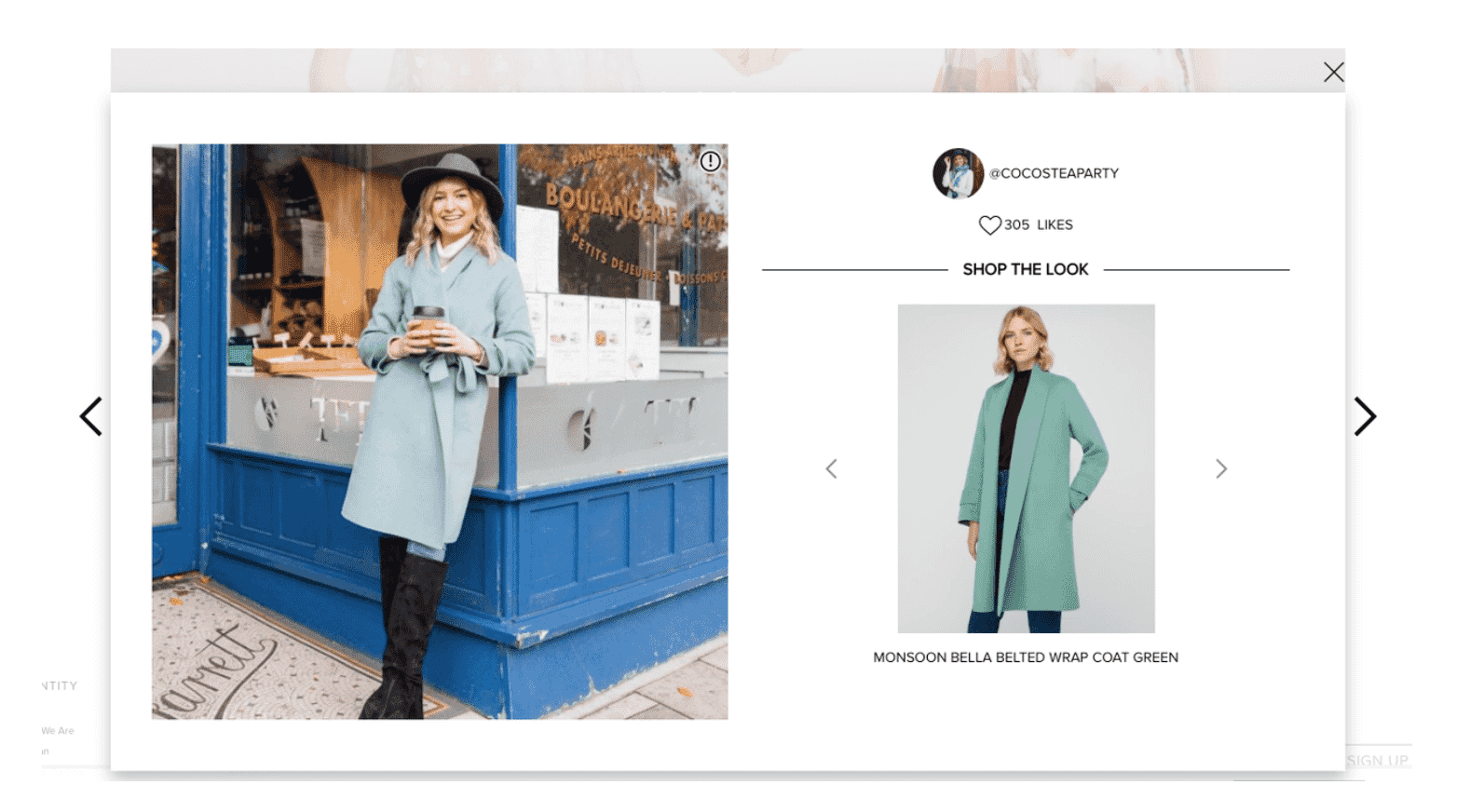 Customer wearing Monsoon Bella Belted Wrap Coat in green with product link to shop the look