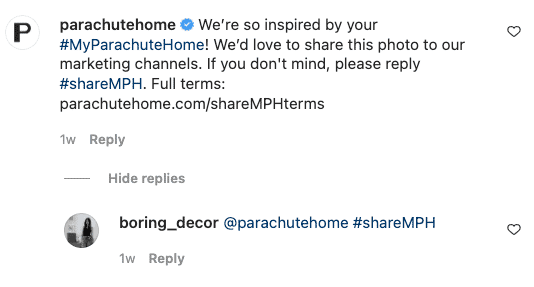 Parachute Home requesting UGC permission to share #MyParachuteHome post on marketing channels