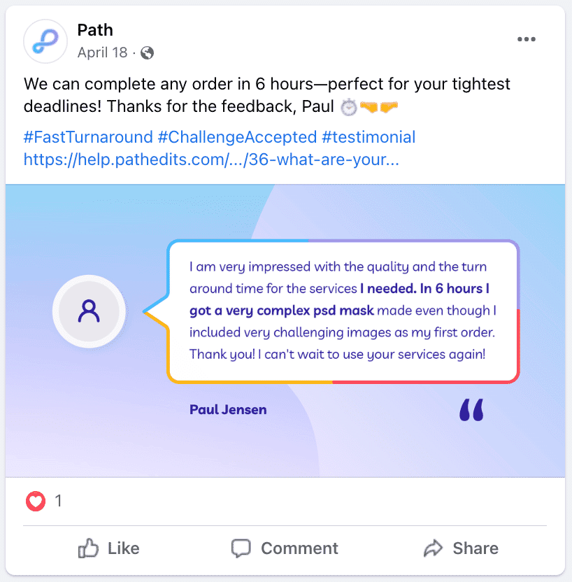 Path customer testimonial highlighting a 6-hour turnaround for a complex PSD mask
