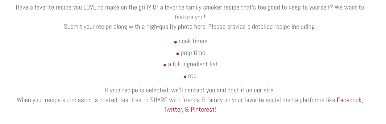 Invitation for users to submit grill or smoker recipes with cook times, prep time, and ingredients