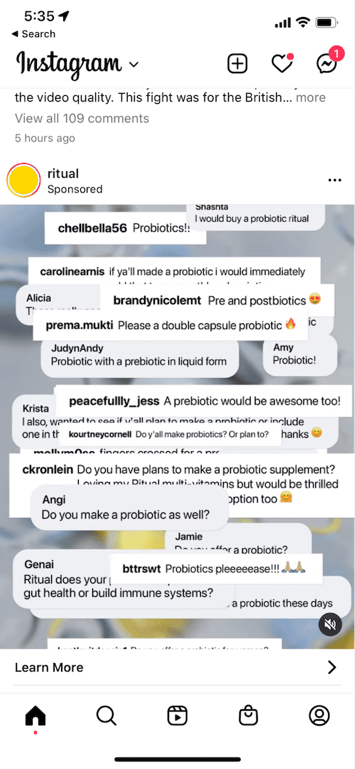 Ritual Instagram ad with customer comments requesting probiotic and prebiotic supplements