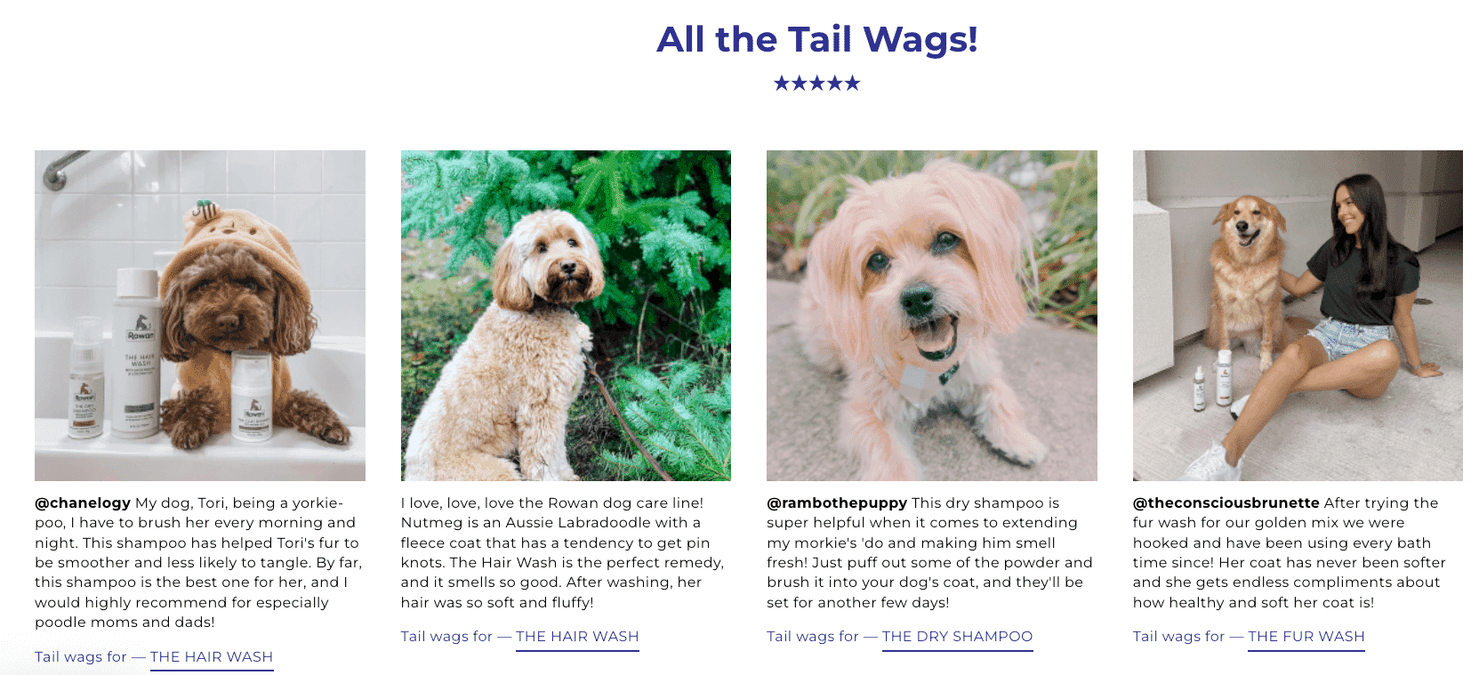 Customer testimonials for Rowan dog care products featuring dogs with different fur care needs