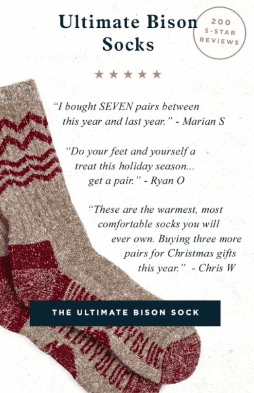Ultimate Bison Socks with 5-star customer reviews praising warmth and comfort