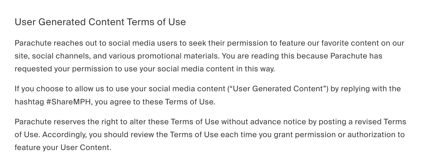 Screenshot of Parachute's User Generated Content Terms of Use, outlining permission and hashtag requirements for using social media content.