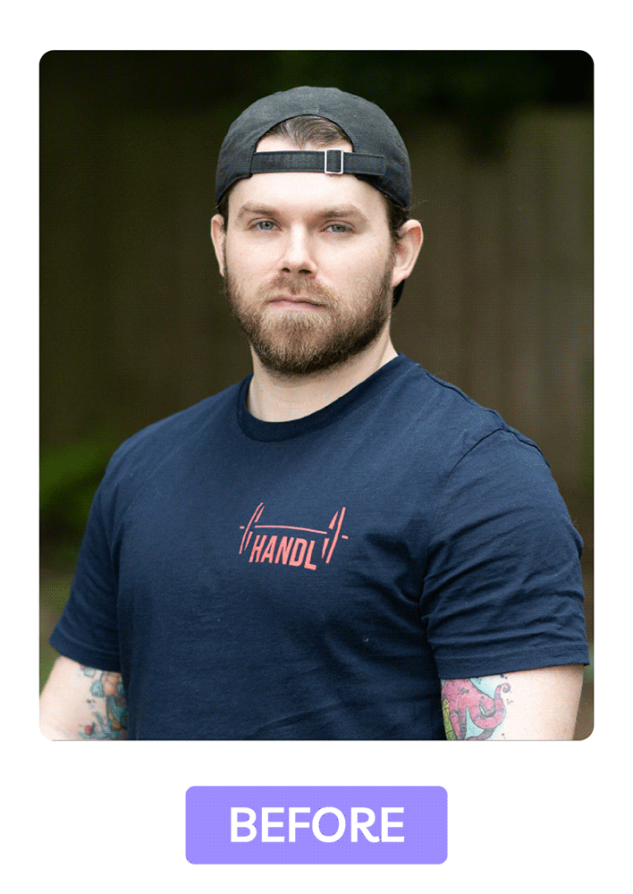 Unedited headshot of a man in a cap, demonstrating pre-edit stage with natural lighting and neutral expression.