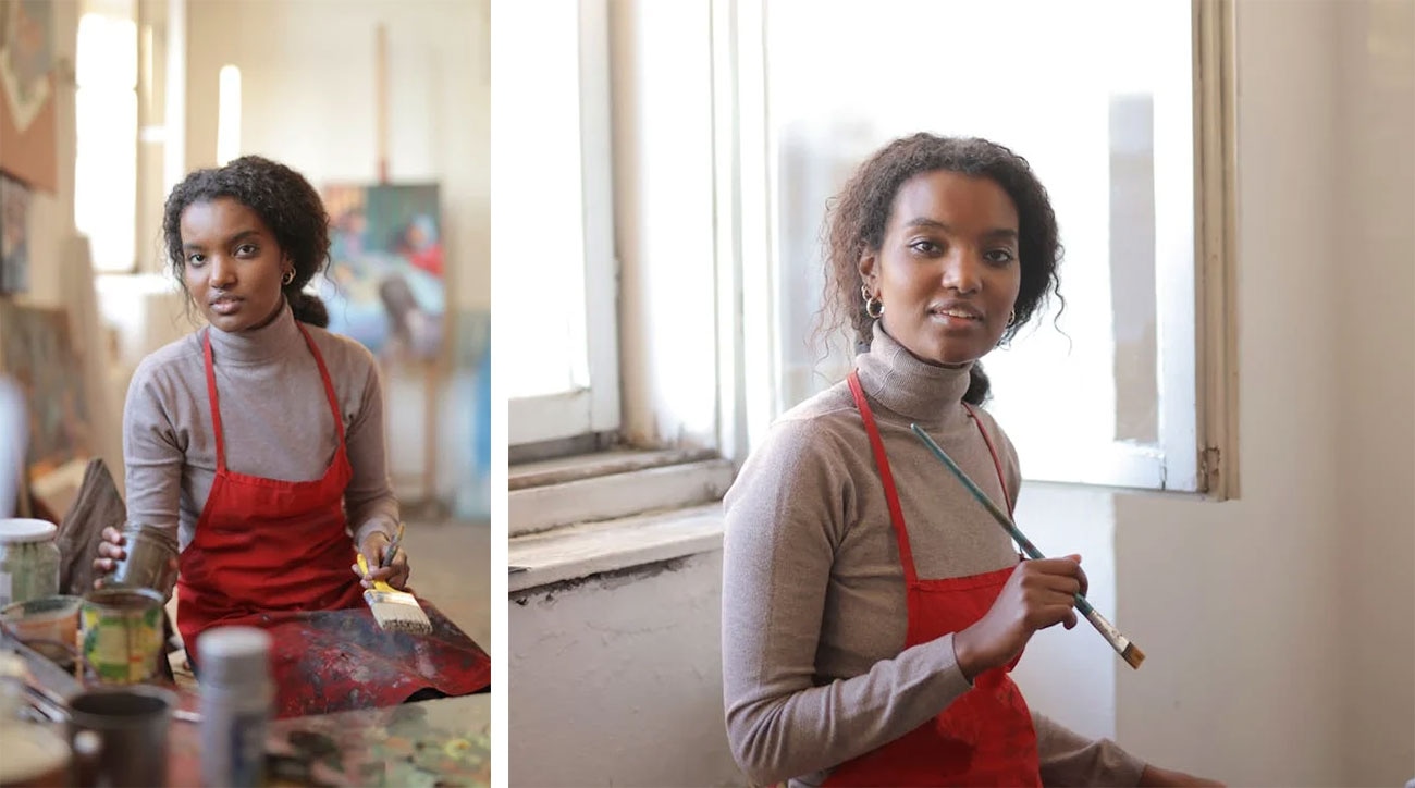 Artist in studio with varied poses and expressions, holding paintbrush and palette for a relaxed, natural look.