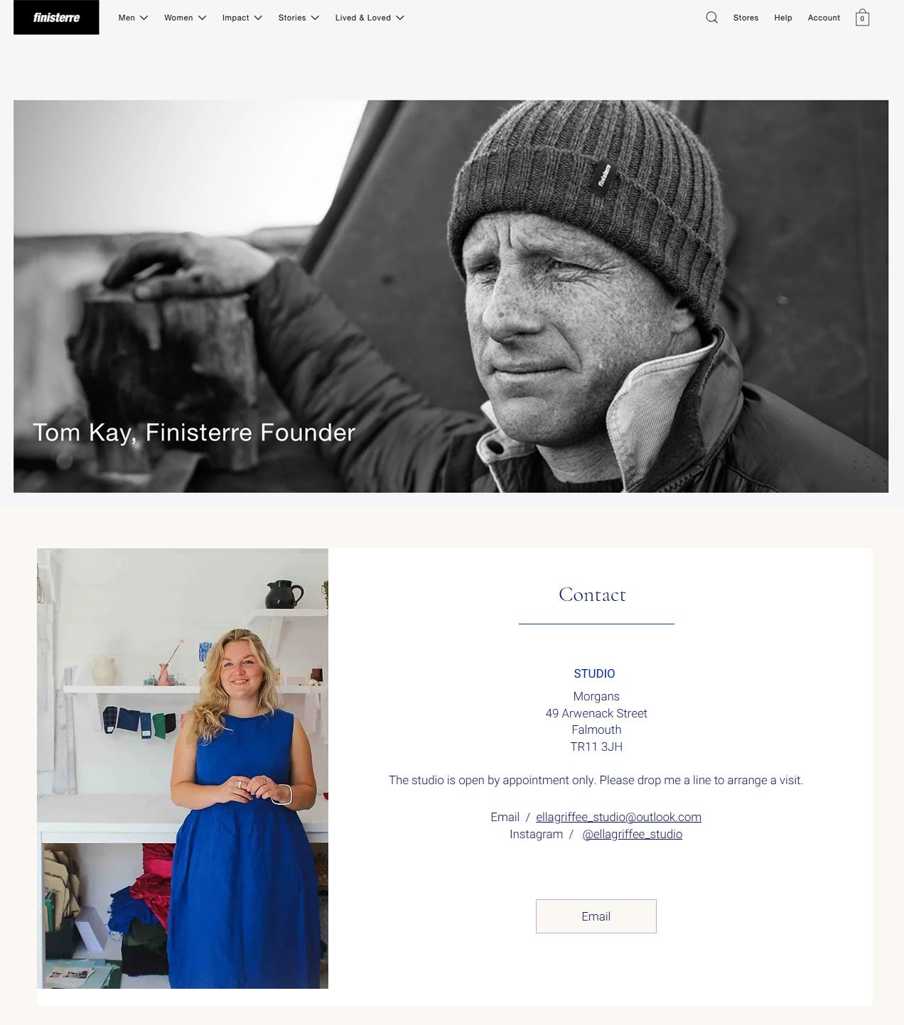 Gritty outdoor headshot of Finisterre founder and warm studio portrait of designer Ella Griffee, showcasing brand identity.