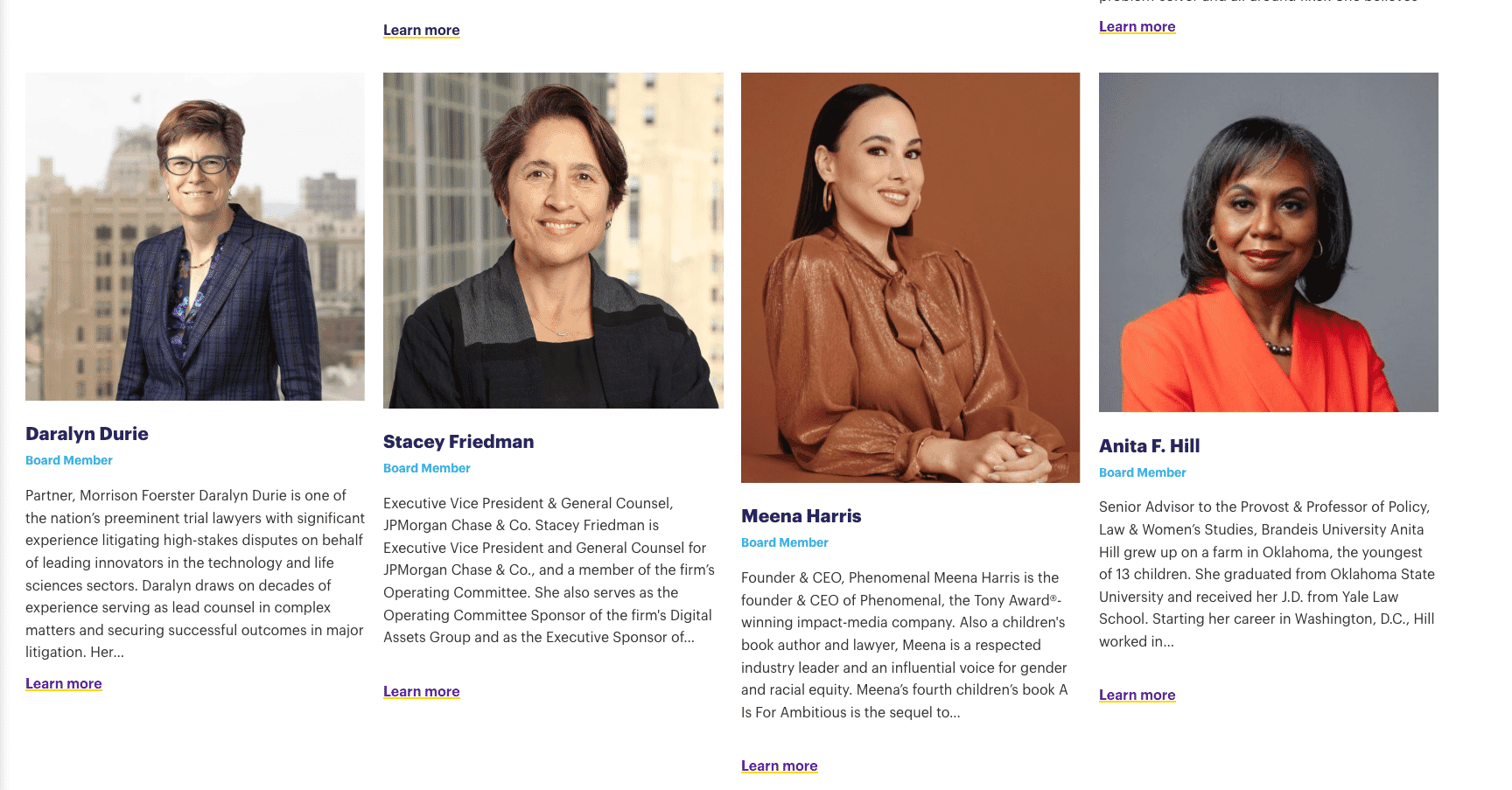 Board member headshots with varying backgrounds, showcasing professional yet unique styles for each individual.
