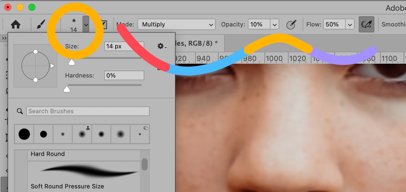 Photoshop brush settings panel with size and hardness adjustments for skin retouching