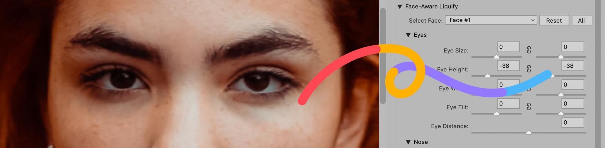 Photoshop Liquify tool adjusting eye height and size for natural expression enhancement.