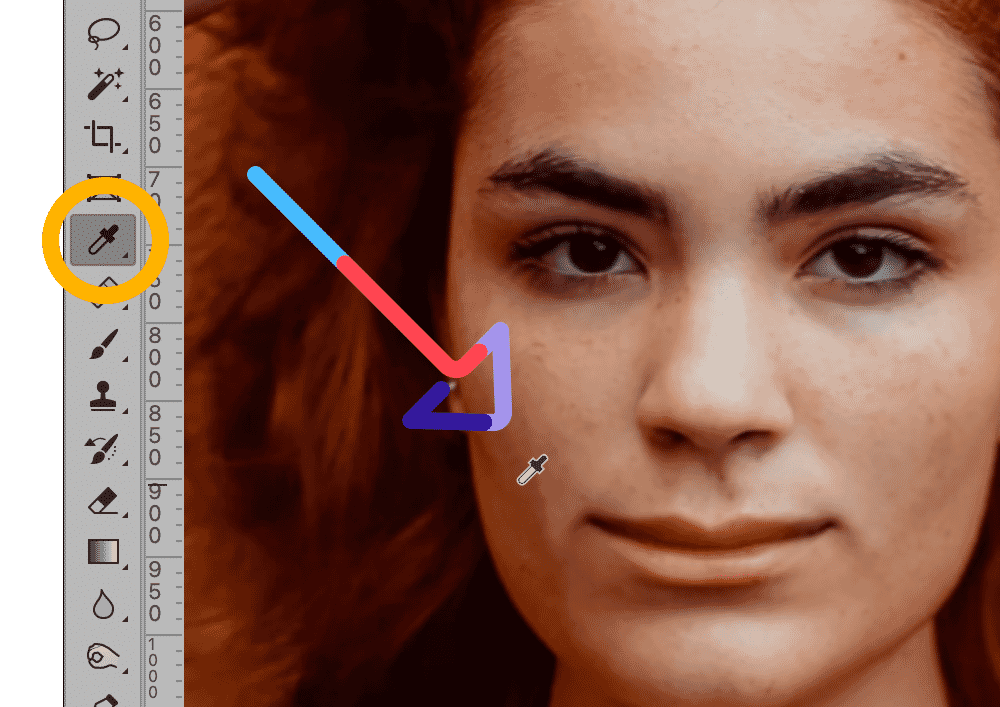 Photoshop Eyedropper tool selected to match skin tone for seamless smile edits.