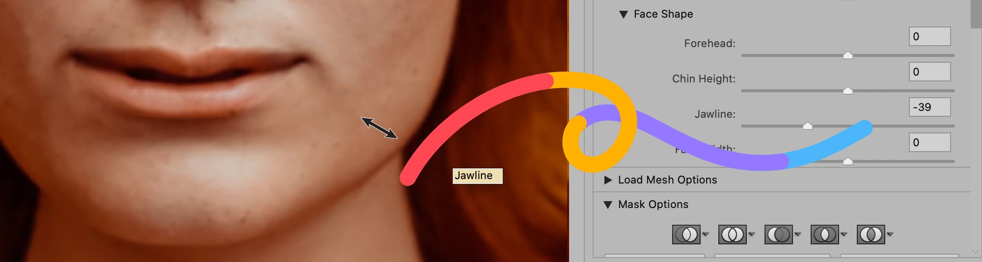 Photoshop Face-Aware Liquify tool adjusting jawline settings for smile enhancement